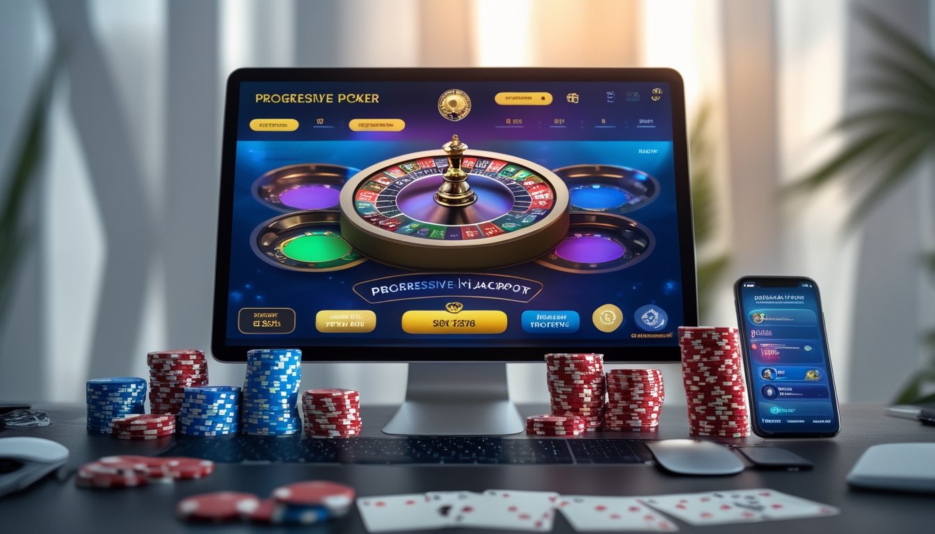 Sebuah meja dengan komputer menampilkan permainan poker online, dikelilingi oleh chip poker dan kartu bermain.