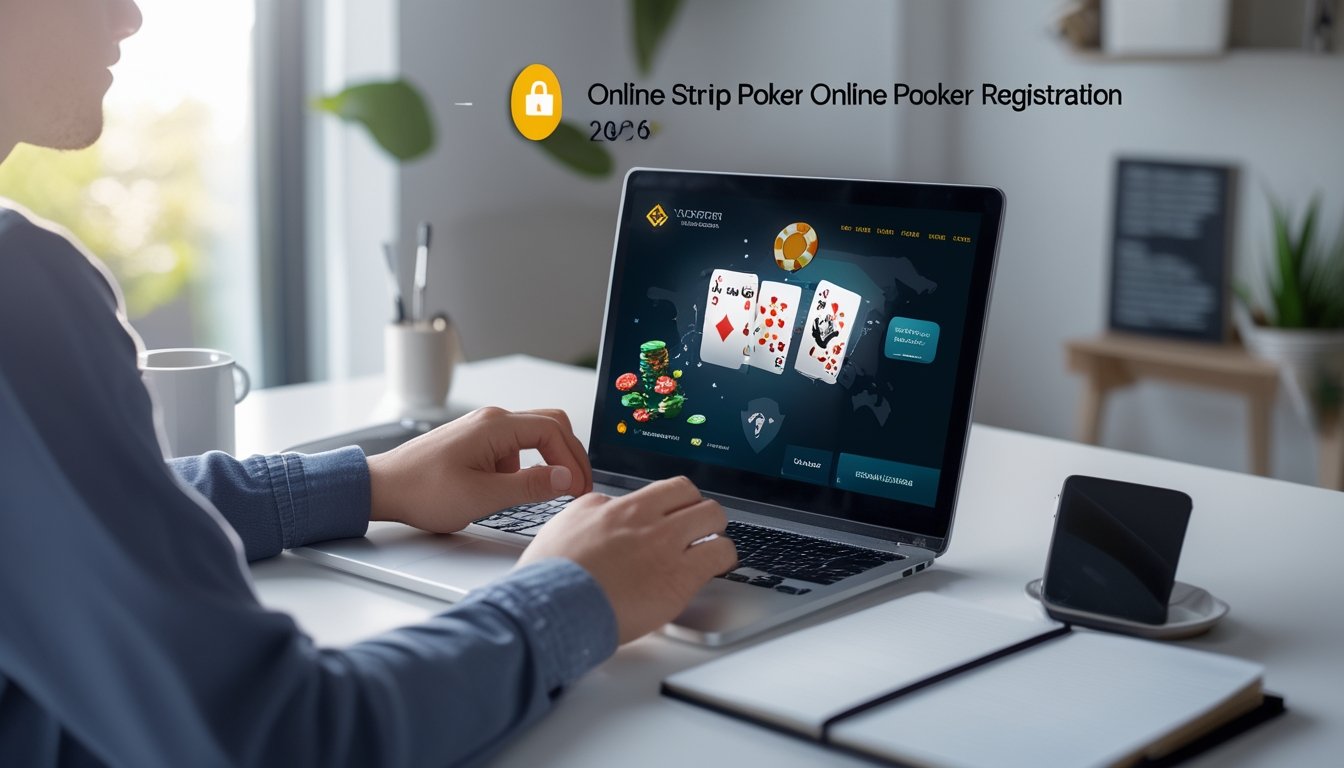 Seseorang sedang menggunakan laptop di meja kerja dengan tampilan permainan poker online di layar.