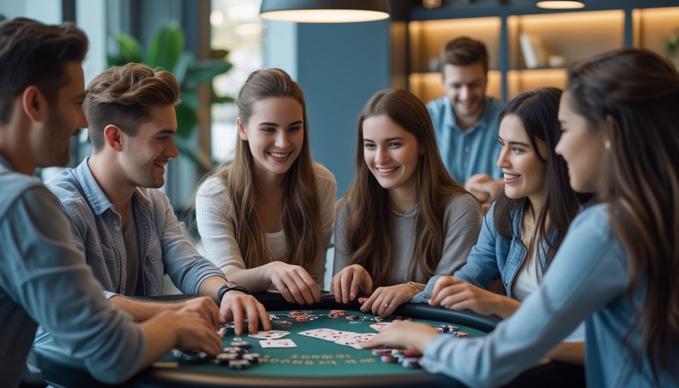 Sekelompok orang muda sedang bermain kartu di meja poker dalam ruangan yang nyaman dan terang.