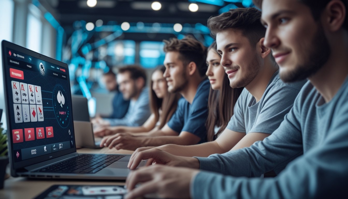 Sekelompok orang muda bermain poker online di depan laptop di ruang kerja modern dengan suasana fokus dan santai.