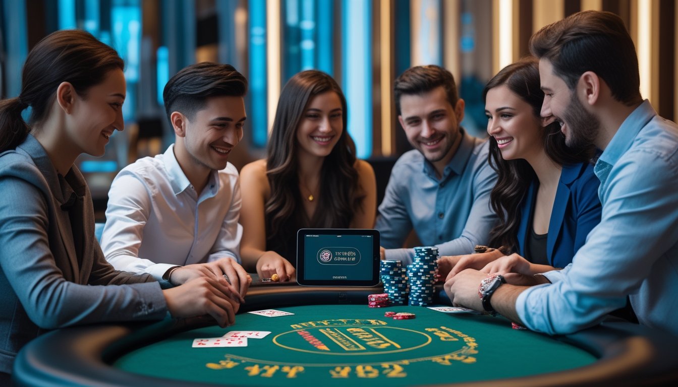 Beberapa orang bermain poker di meja kasino dengan suasana yang ramah dan profesional.