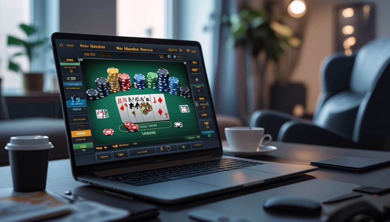 Sebuah ruang bermain poker online dengan komputer yang menampilkan permainan poker dan tumpukan chip di meja.