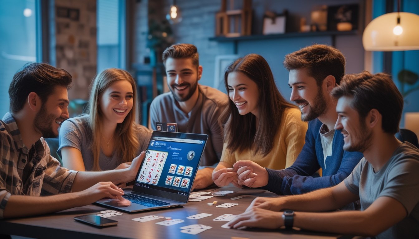 Sekelompok orang muda bermain kartu secara online di ruang kerja modern dengan laptop dan peralatan permainan di meja.