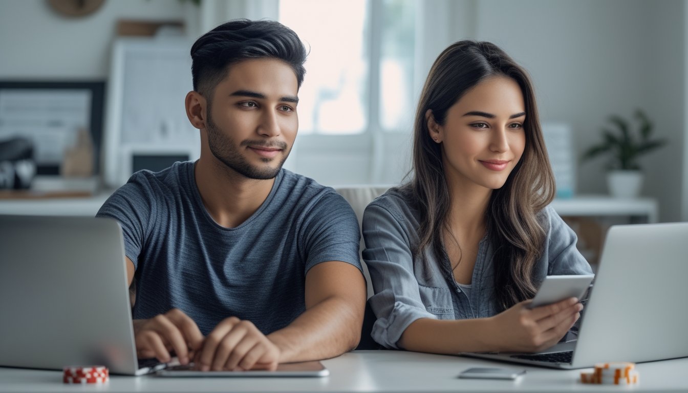 Seorang pria dan wanita muda duduk di meja dengan laptop dan ponsel, bermain game online di ruang kerja rumah yang nyaman.