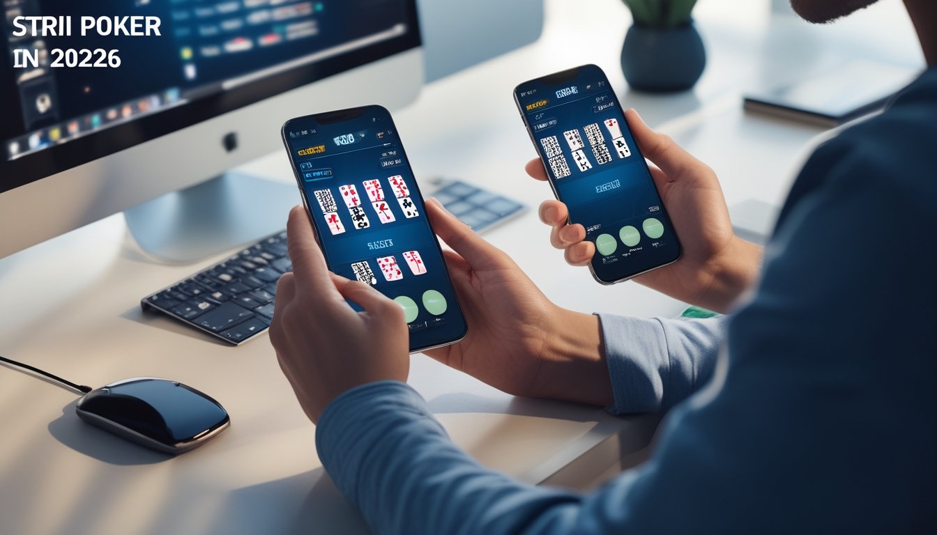 Orang dewasa muda menggunakan ponsel Android dan iPhone untuk bermain poker online di meja dengan pencahayaan lembut.