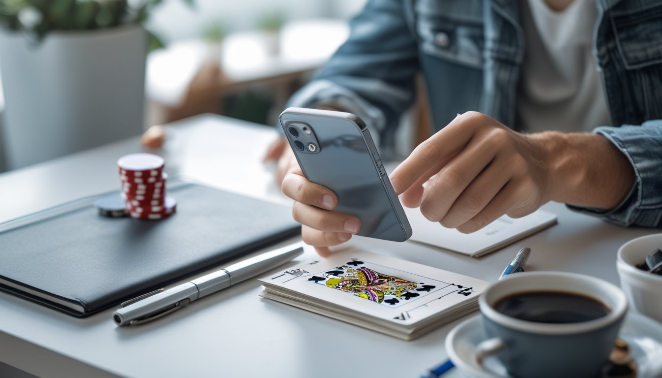 Seseorang sedang menggunakan ponsel di meja kerja dengan kartu poker dan chip di dekatnya, bersiap mendaftar permainan strip poker online.