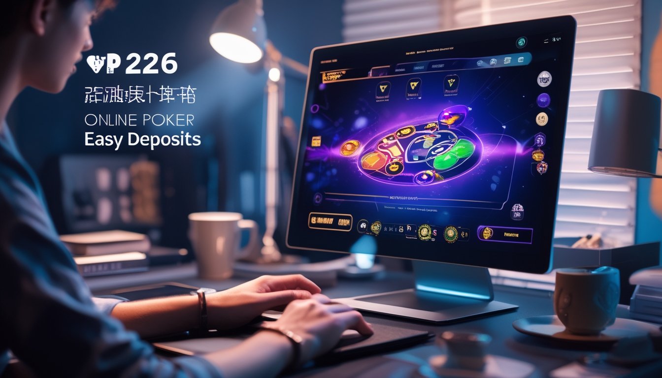 Seorang dewasa muda sedang bermain poker online di depan komputer di ruangan modern dengan pencahayaan hangat.