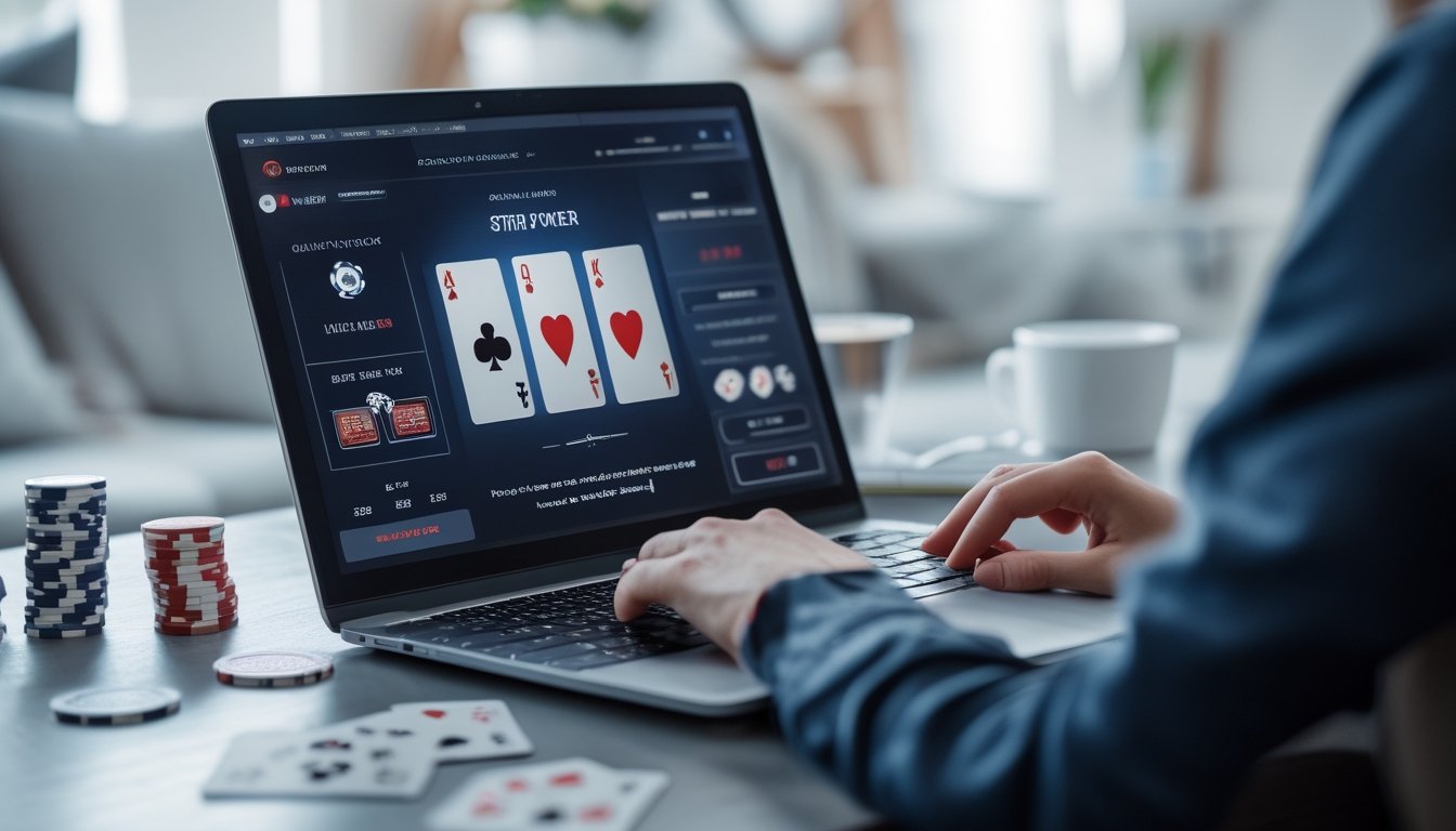 Seseorang bermain poker online di laptop dengan kartu dan chip poker di meja.