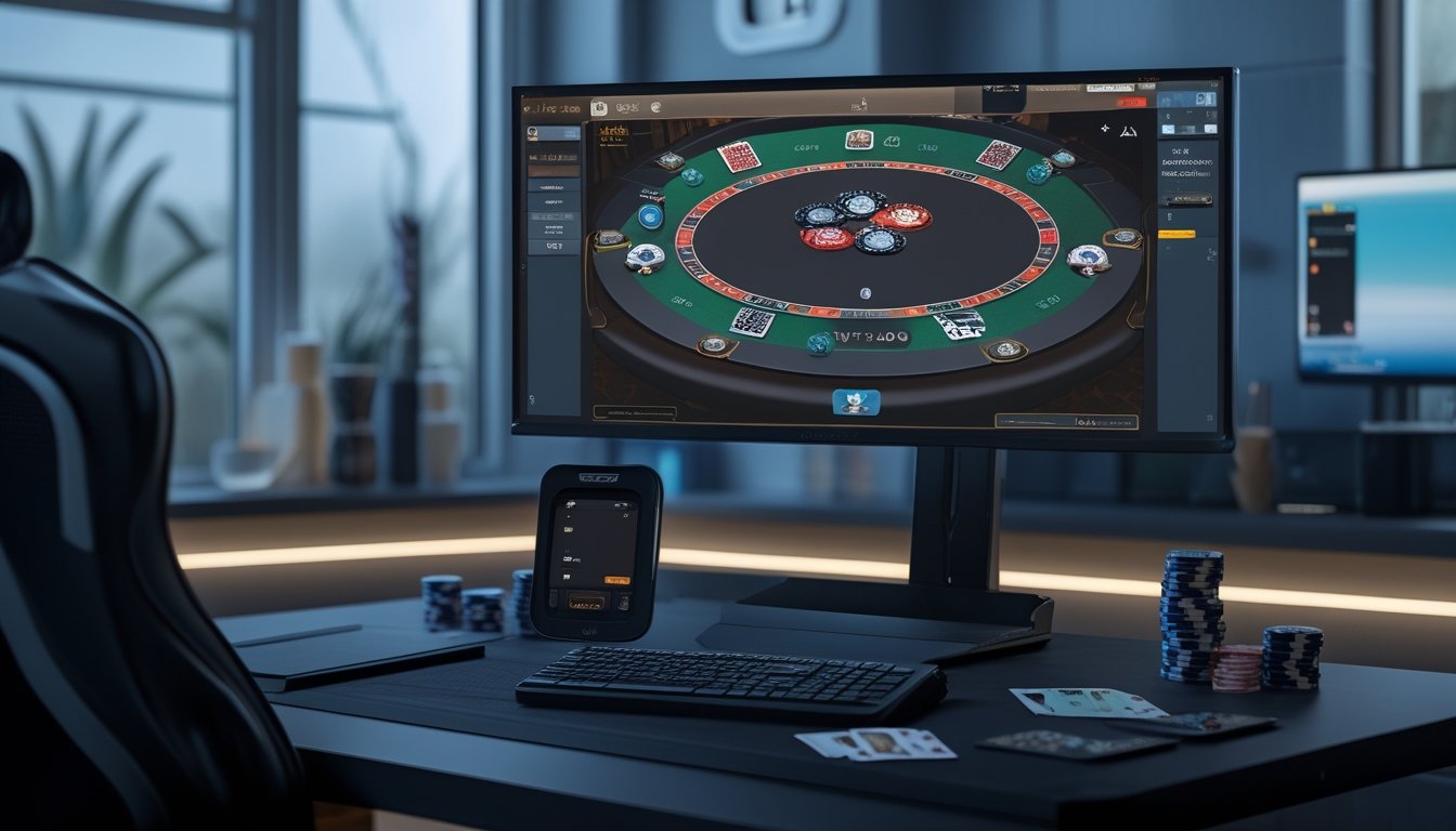 Sebuah ruangan gaming modern dengan meja komputer yang menampilkan permainan poker online, kartu dan chip poker terlihat di meja.