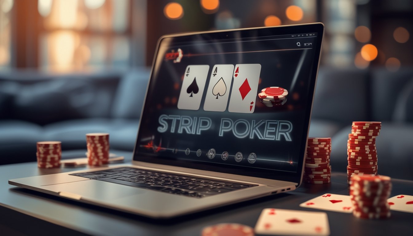 Sebuah laptop dengan tampilan permainan poker online di atas meja dengan chip poker dan kartu bermain di sekitarnya.