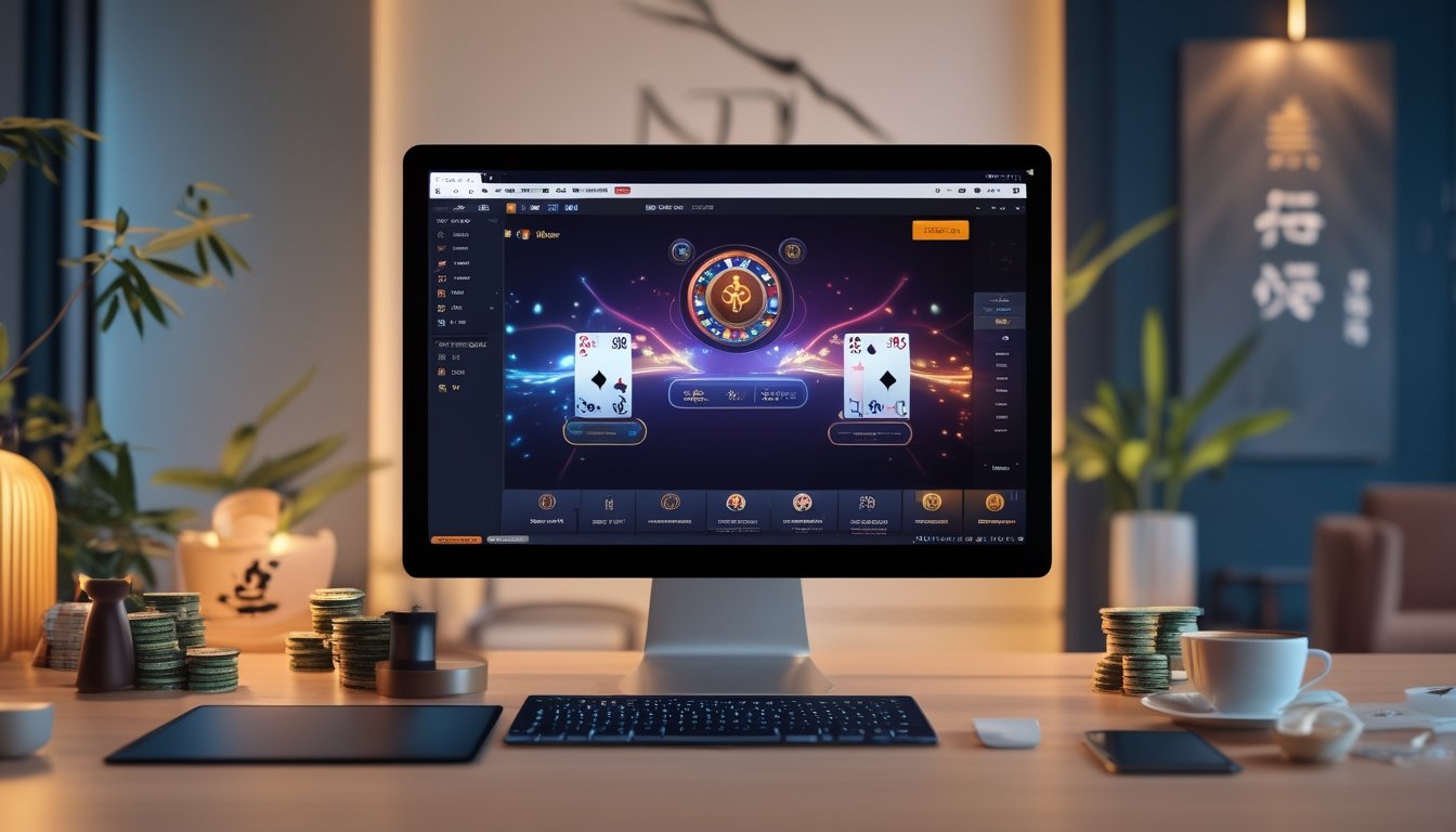 Seorang pemain duduk di depan komputer dengan permainan poker online terbuka di layar, dikelilingi oleh chip poker dan dekorasi ruangan bergaya Asia.