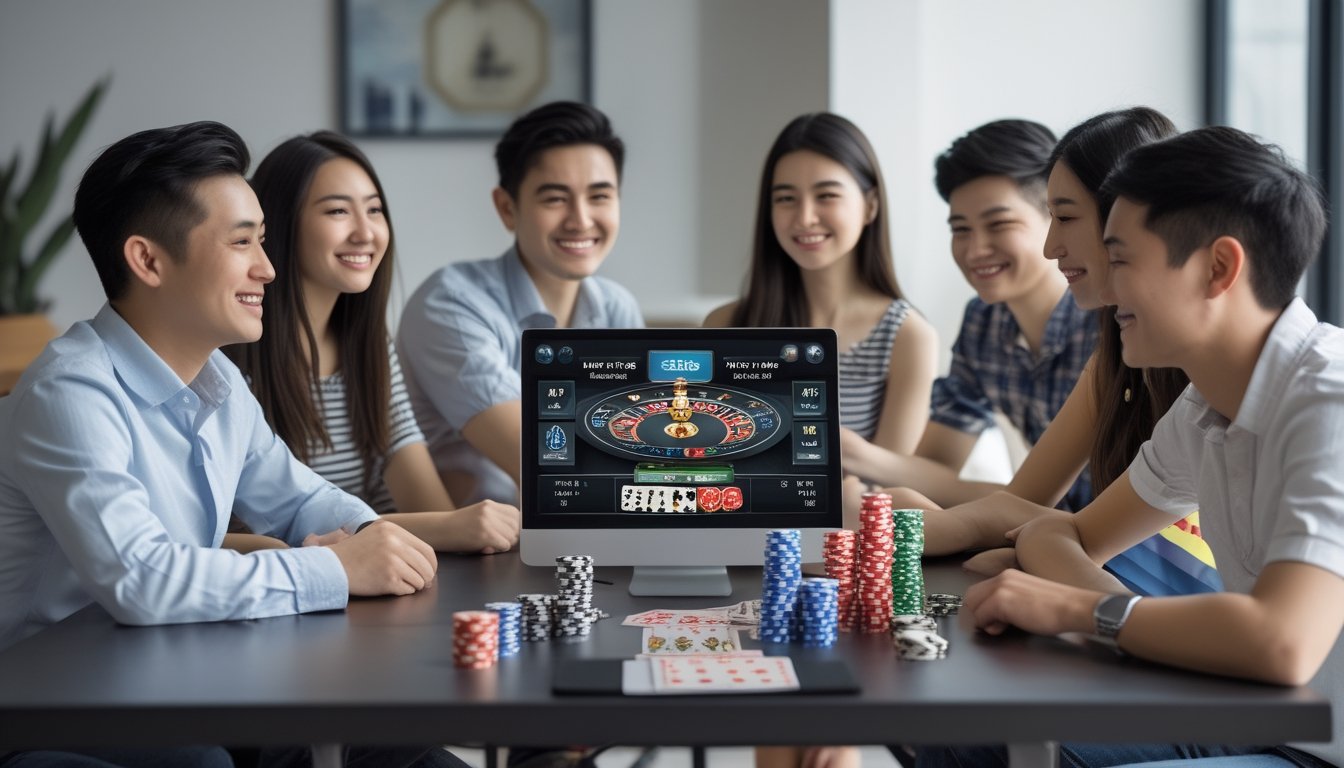 Sekelompok orang muda bermain poker online di depan komputer di ruangan yang terang dan modern.
