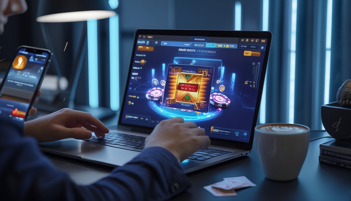 Seseorang bermain poker online di depan laptop di ruangan modern dengan lampu LED dan ponsel yang menunjukkan notifikasi transaksi 24 jam.