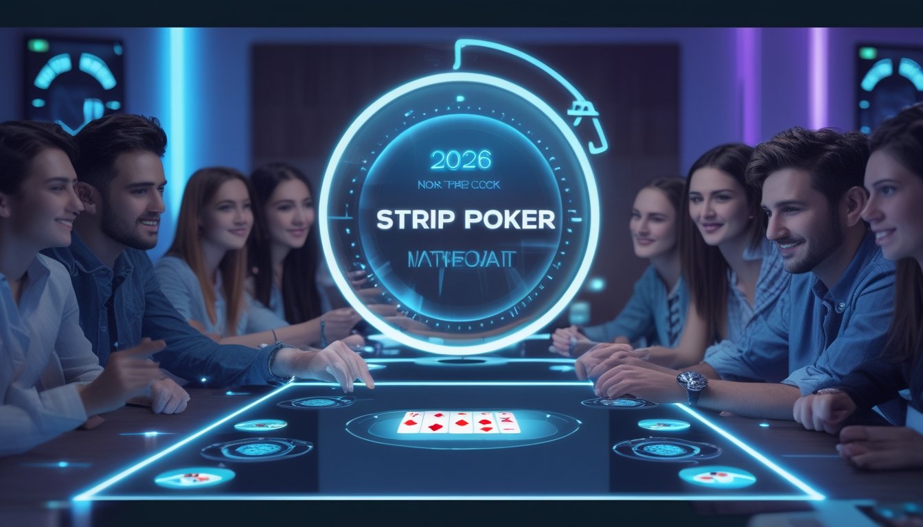 Sekelompok orang muda bermain poker online di ruangan modern dengan layar digital dan pencahayaan biru ungu.
