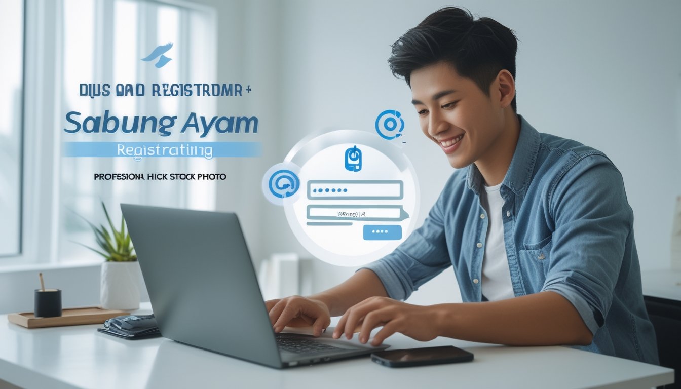 Seorang dewasa muda sedang menggunakan laptop dan ponsel di meja kerja yang rapi, terlihat fokus dan tersenyum saat melakukan proses pendaftaran cepat.