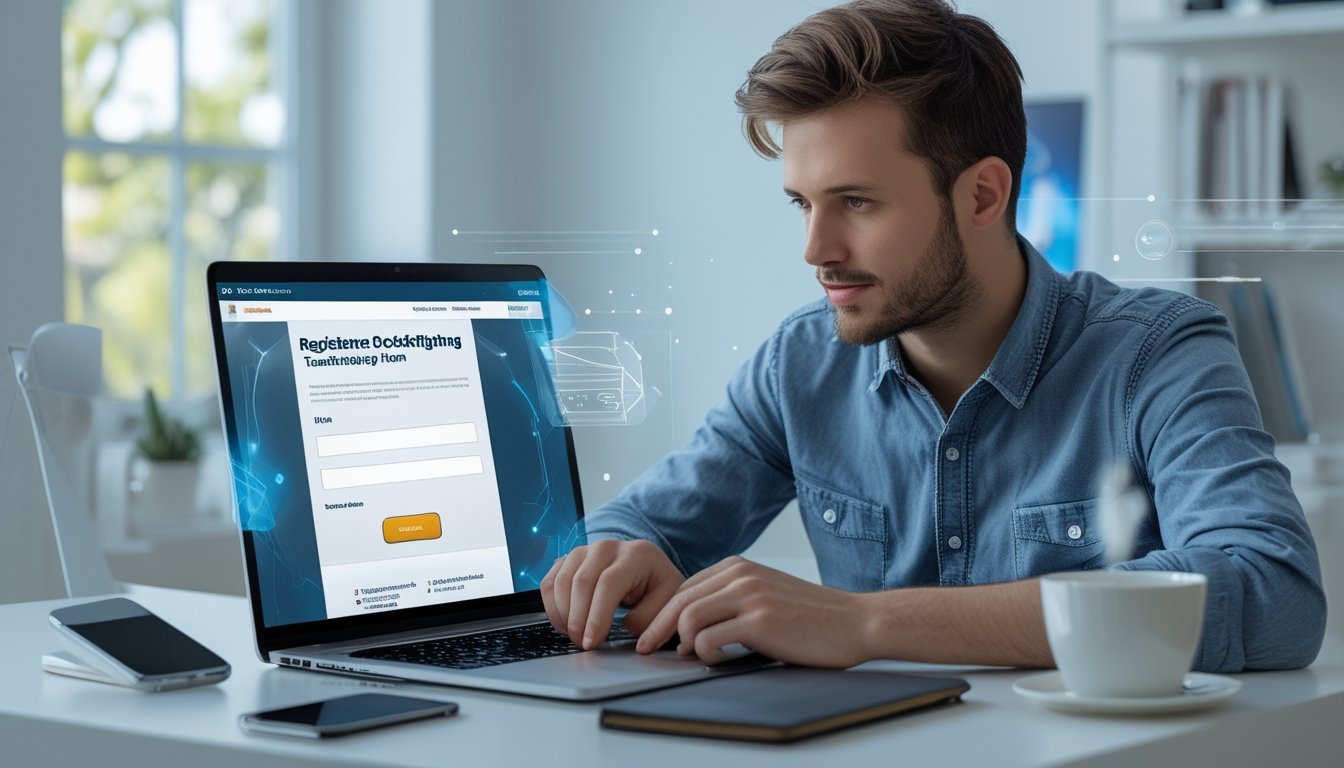 Seseorang sedang mendaftar akun online di laptop di ruang kerja yang rapi dan terang.
