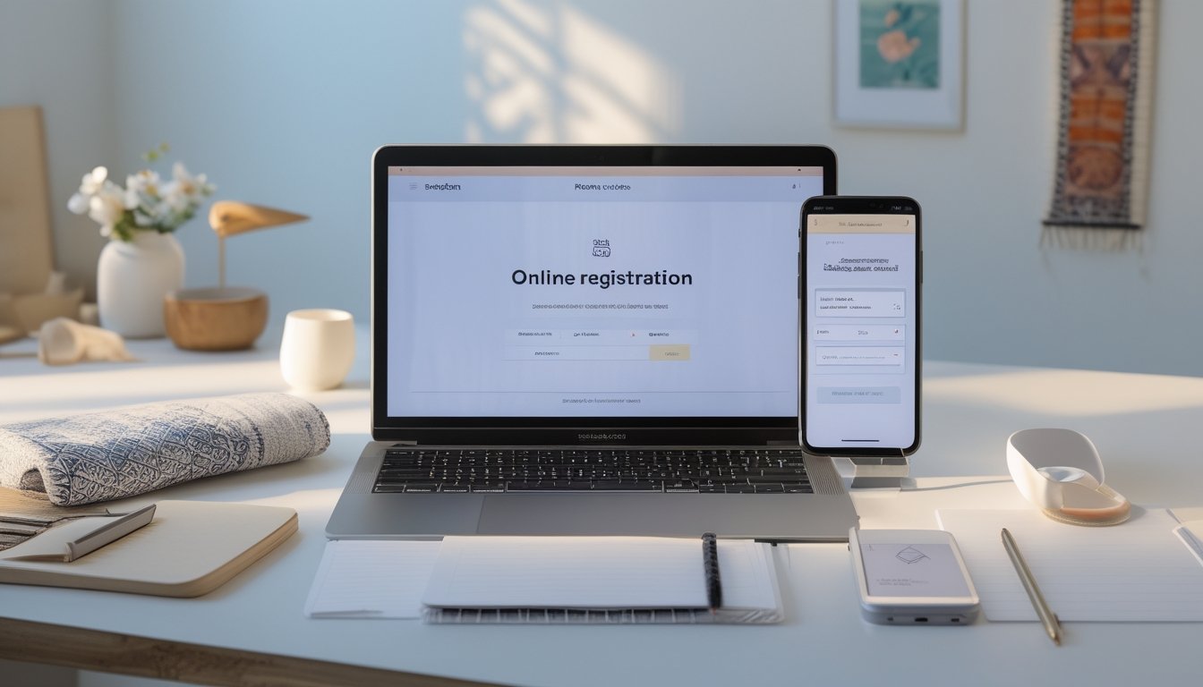 Meja kerja dengan laptop, ponsel, dan buku catatan yang siap digunakan untuk persiapan pendaftaran online.