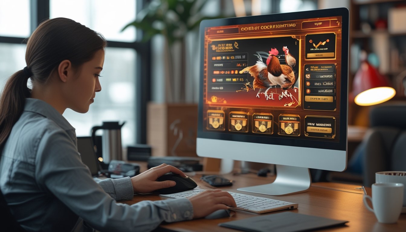 Seseorang menggunakan komputer dengan tampilan platform permainan online bertema sabung ayam di lingkungan kantor modern.
