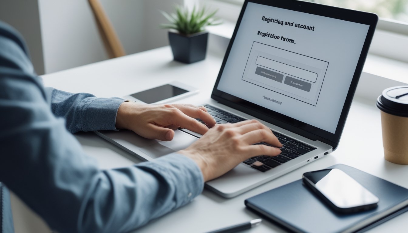 Seseorang sedang menggunakan laptop di meja kerja untuk mendaftar akun secara online, dengan suasana terang dan rapi.