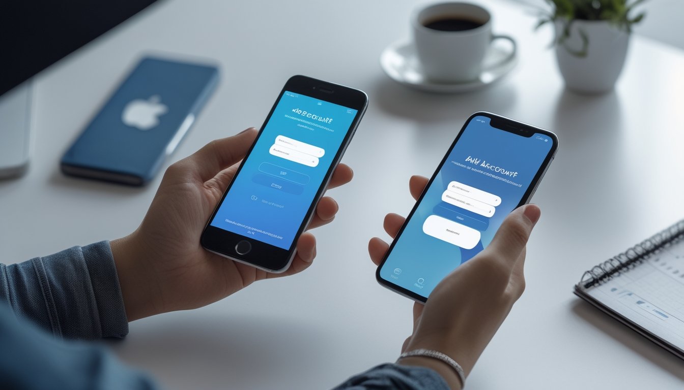 Seseorang sedang mempersiapkan akun pengguna dengan menggunakan ponsel Android dan iPhone di meja kerja modern.