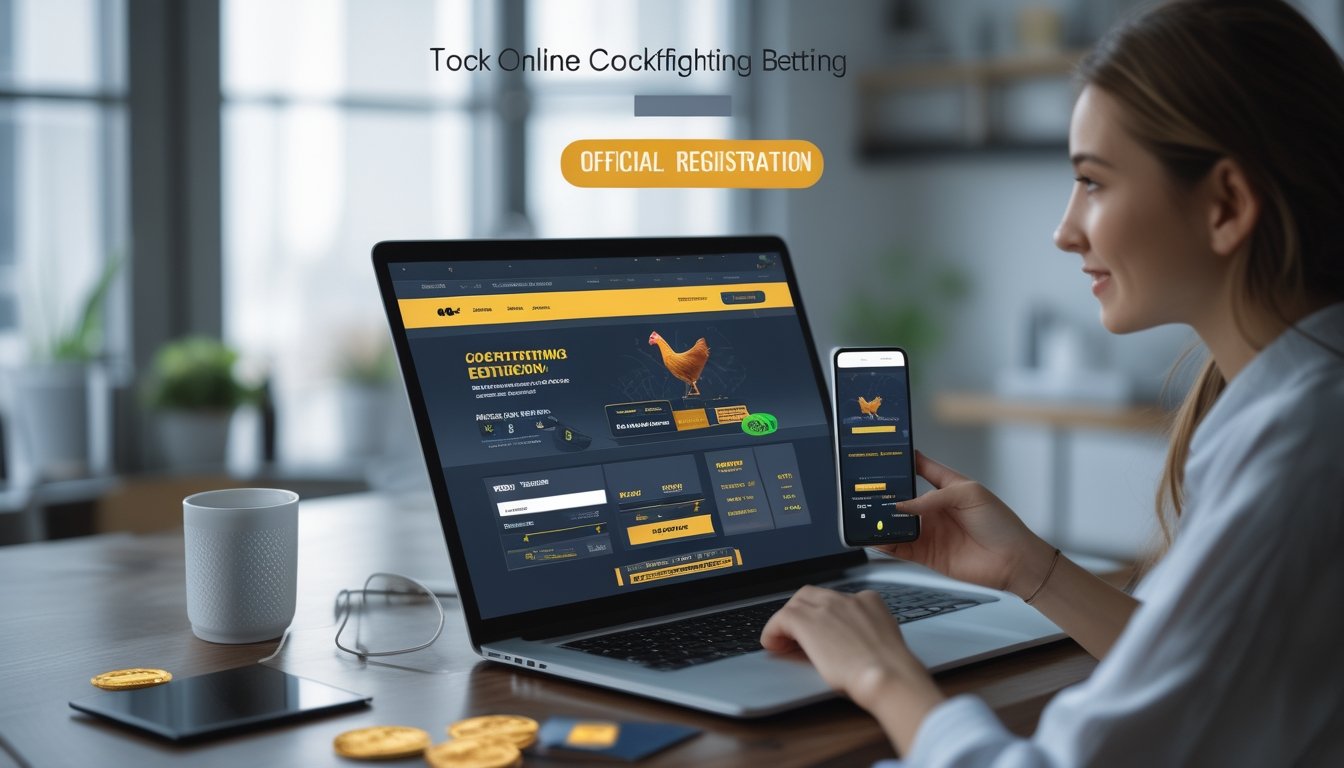 Dua orang dewasa menggunakan laptop dan ponsel di ruang kerja modern, melihat platform taruhan sabung ayam online dengan suasana yang cerah dan profesional.