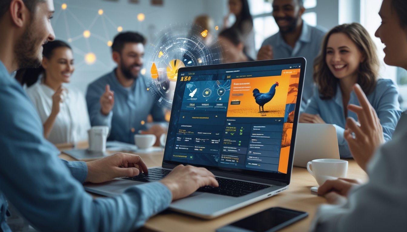 Orang-orang menggunakan perangkat digital untuk mengakses platform sabung ayam dengan latar belakang ruang kerja modern.