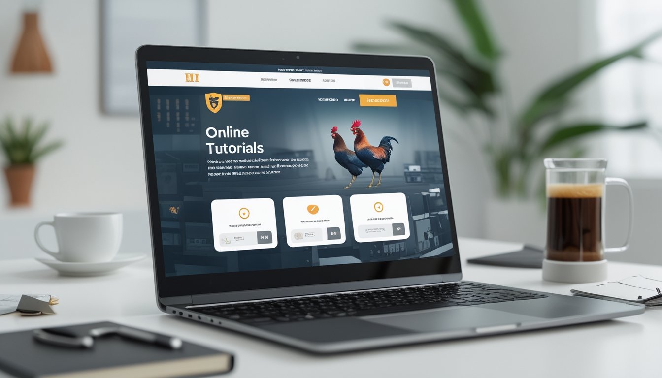 Meja kerja modern dengan laptop, smartphone, dan alat tulis yang menunjukkan aktivitas belajar tutorial online tentang daftar sabung ayam dan pembayaran cepat serta aman.