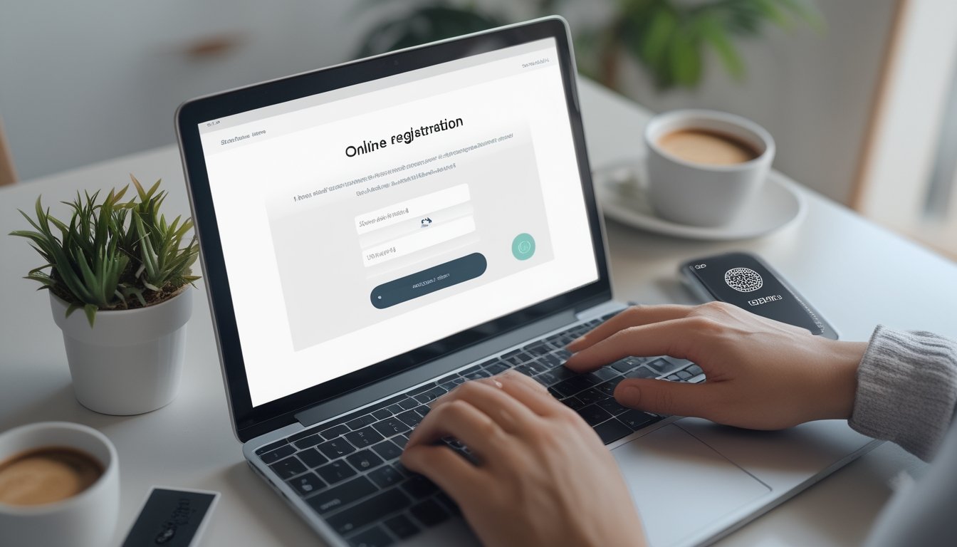 Seseorang menggunakan laptop dan ponsel di meja kerja untuk mendaftar akun secara online.