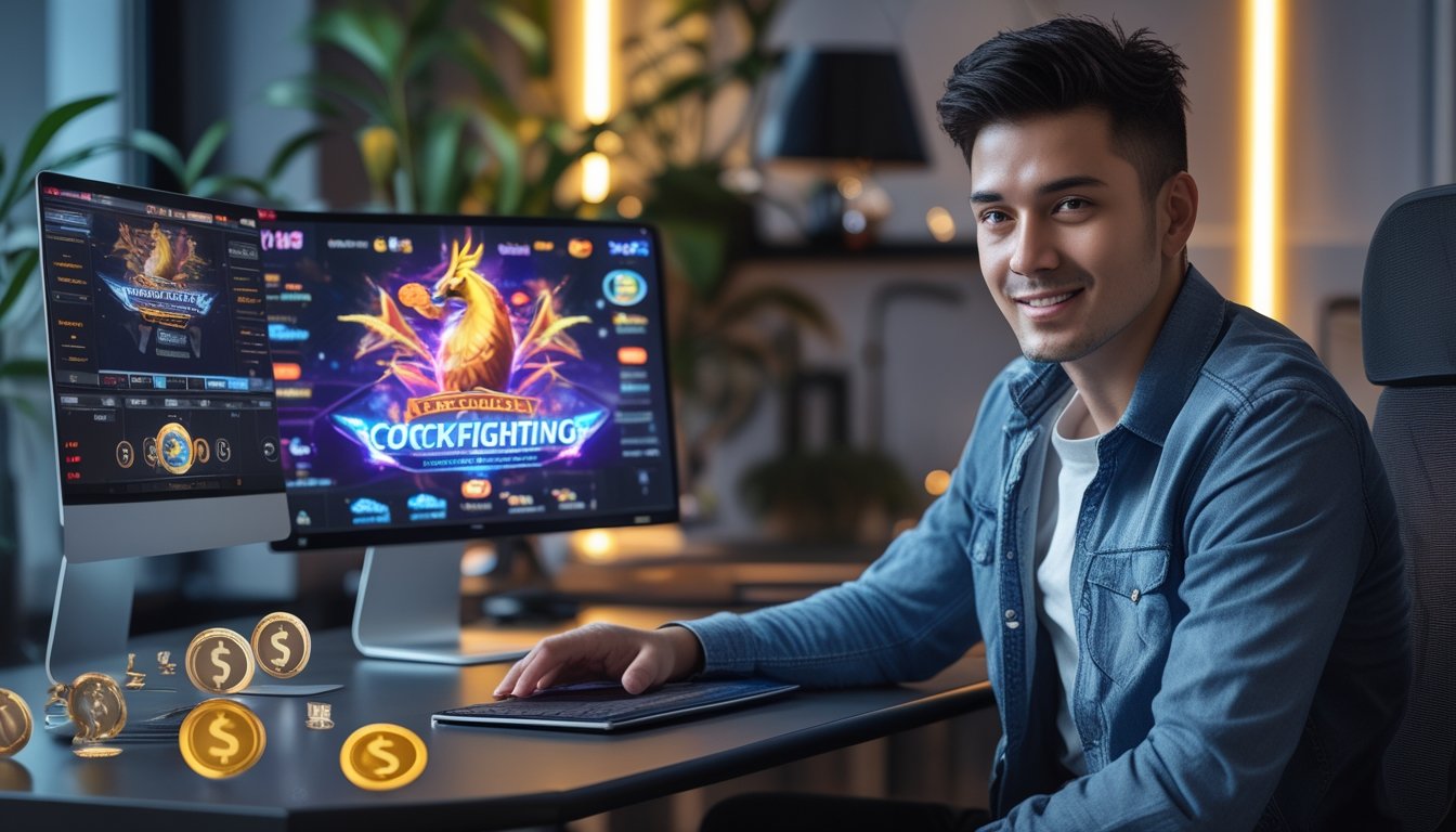 Seorang pria muda duduk di meja dengan laptop dan ponsel yang menampilkan grafik permainan online dan simbol cashback, di sebuah ruangan yang nyaman dan terang.