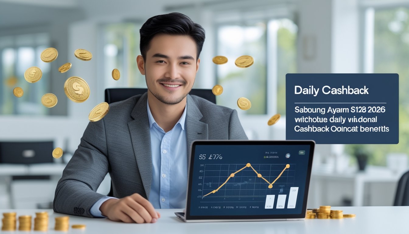 Seorang pria muda duduk di meja dengan laptop di kantor yang terang, tersenyum menunjukkan kepuasan dan keberhasilan, dengan simbol koin dan ikon kalender di sekitarnya.