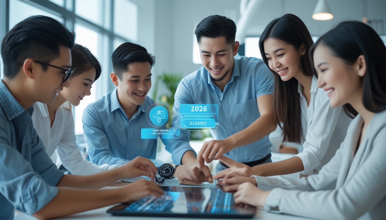 Beberapa orang muda sedang menggunakan layar sentuh digital untuk mendaftar akun dalam suasana kantor modern.