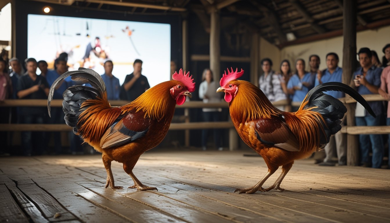 Dua ayam jago sedang bertarung di arena kayu dengan penonton yang menonton dan merekam menggunakan perangkat digital.