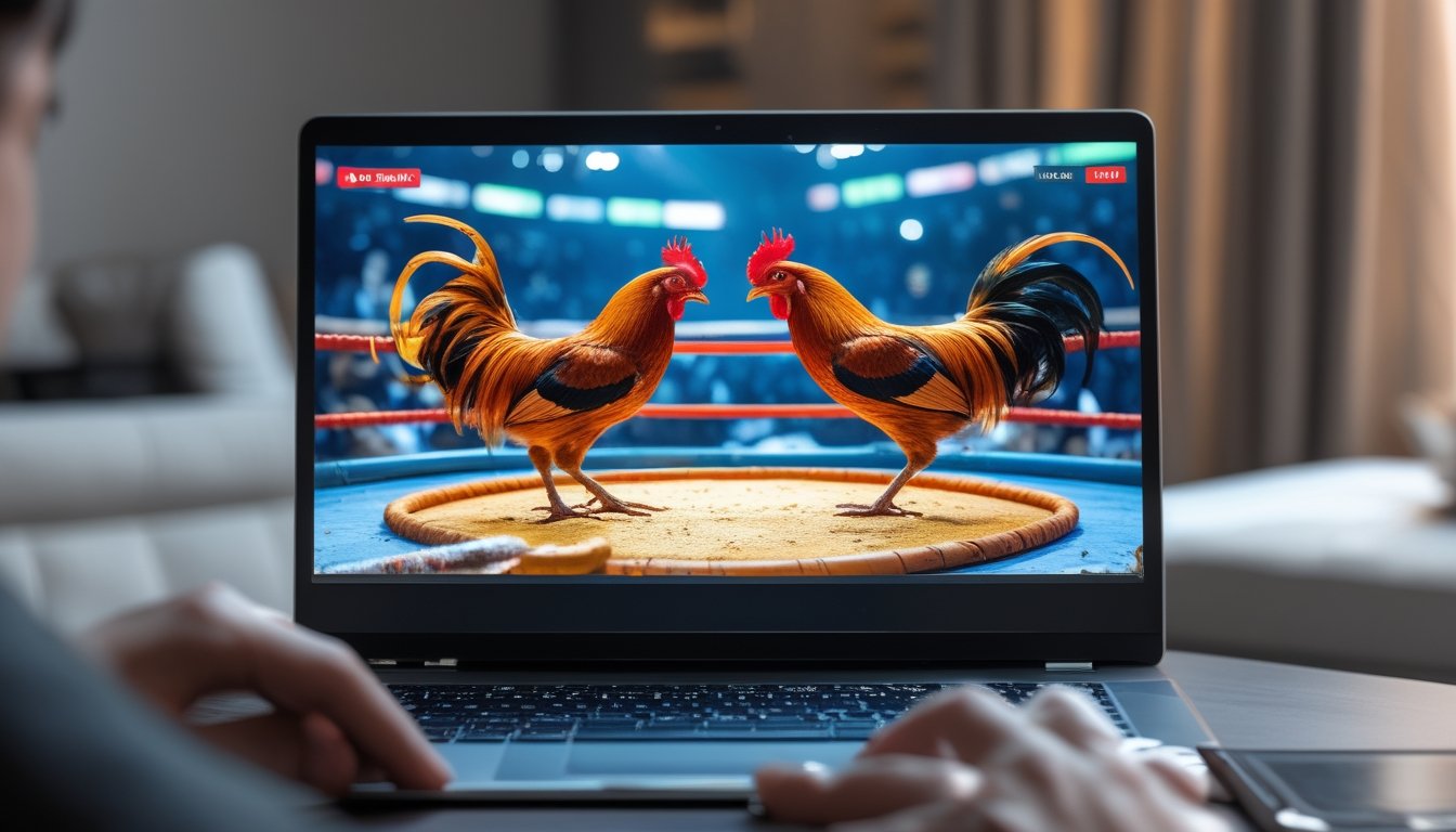 Seseorang menonton pertandingan sabung ayam secara langsung di layar komputer di dalam ruangan yang nyaman.