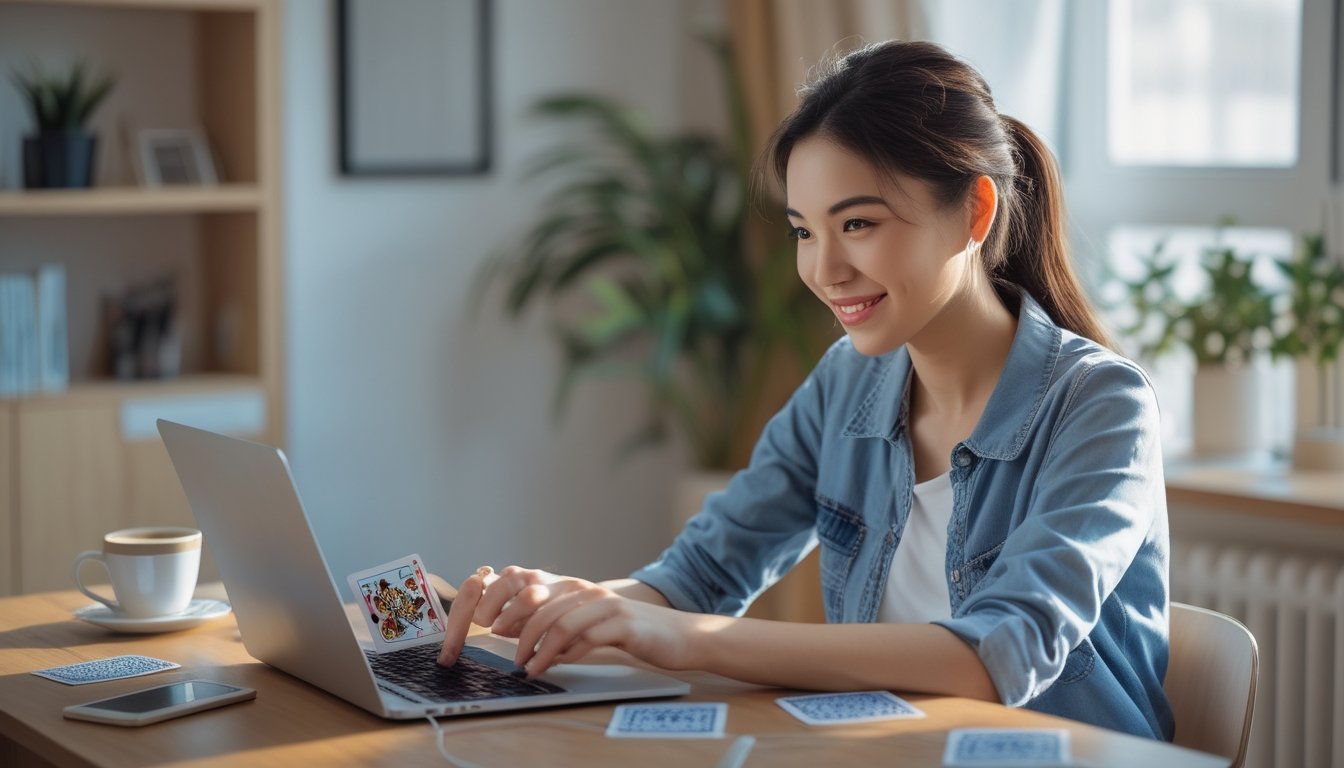 Seorang wanita muda duduk di meja dengan laptop, bermain permainan kartu online di ruangan yang nyaman dan terang.