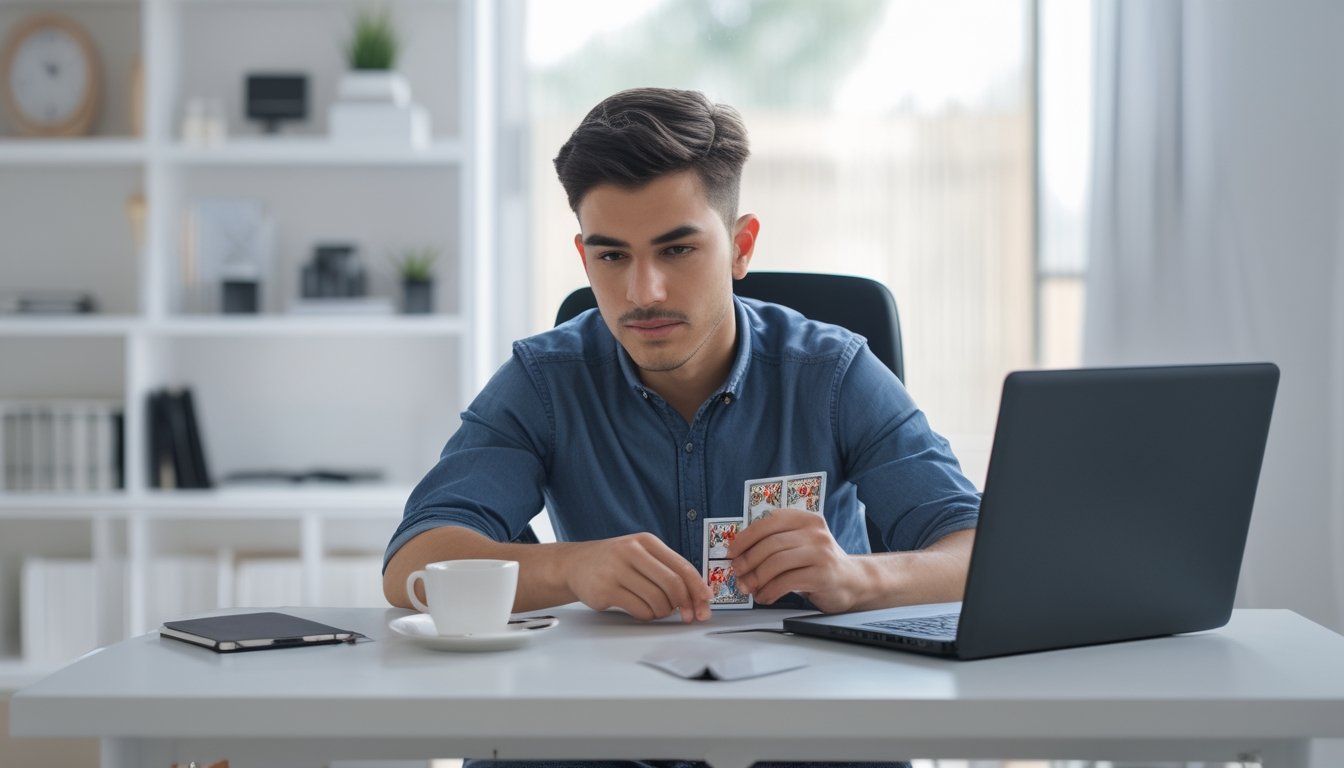 Seorang pria muda duduk di meja dengan laptop, fokus bermain permainan kartu Ceme online di ruang kerja rumah yang terang.