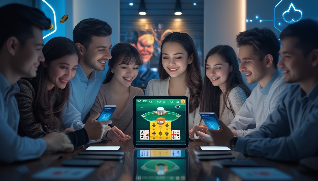 Sekelompok orang muda sedang bermain permainan Ceme online menggunakan smartphone dan tablet di ruangan yang terang dan modern.