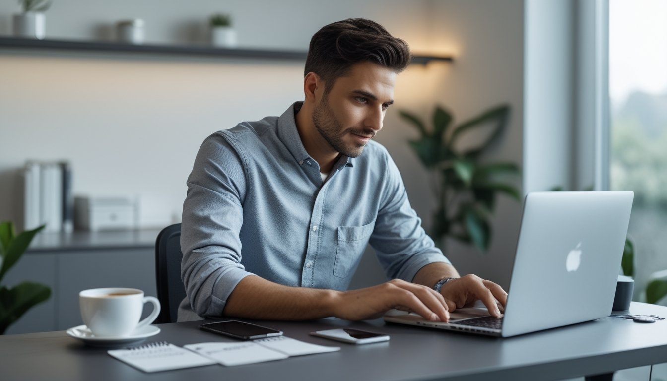 Seorang pria duduk di meja dengan laptop, fokus bermain permainan kartu online di ruangan yang terang dan rapi.