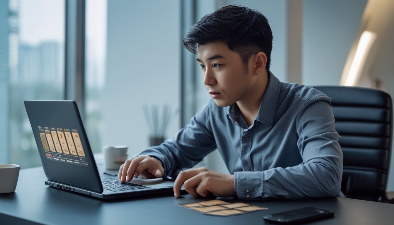 Seorang pria muda sedang fokus bermain permainan kartu online di depan laptop di meja kerja yang rapi dan terang.