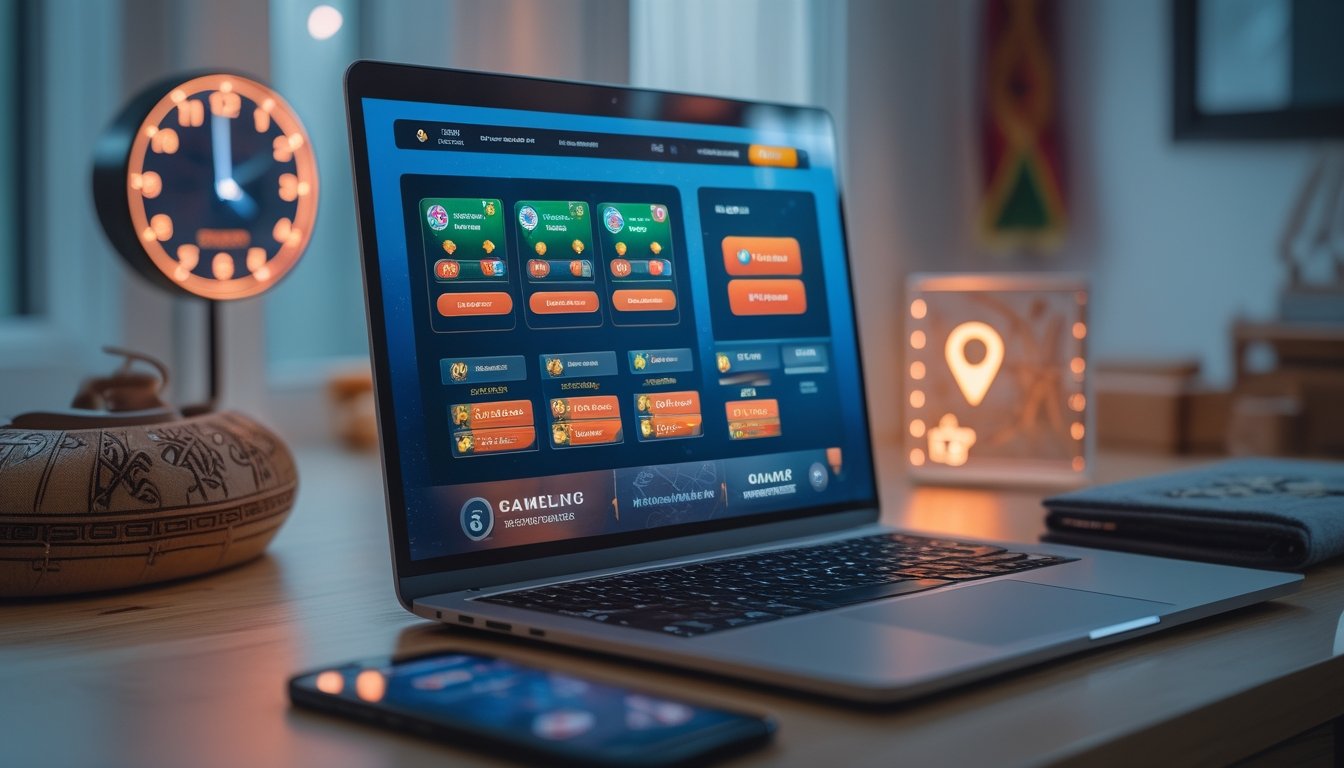 Seorang pengguna komputer dengan layar menampilkan permainan kartu online, dikelilingi oleh simbol transaksi digital dan suasana ruang kerja yang nyaman dengan sentuhan budaya Indonesia.