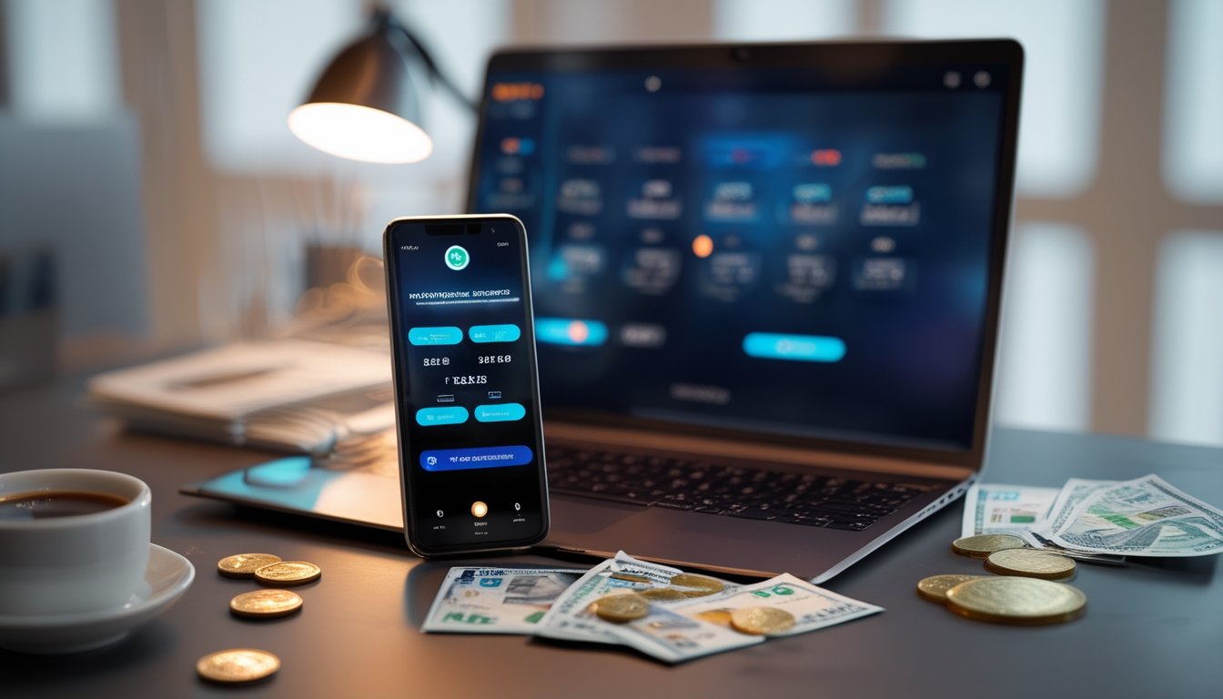 Meja kerja dengan laptop dan ponsel yang menampilkan aplikasi keuangan, uang rupiah di atas meja, suasana yang menunjukkan transaksi online terpercaya.