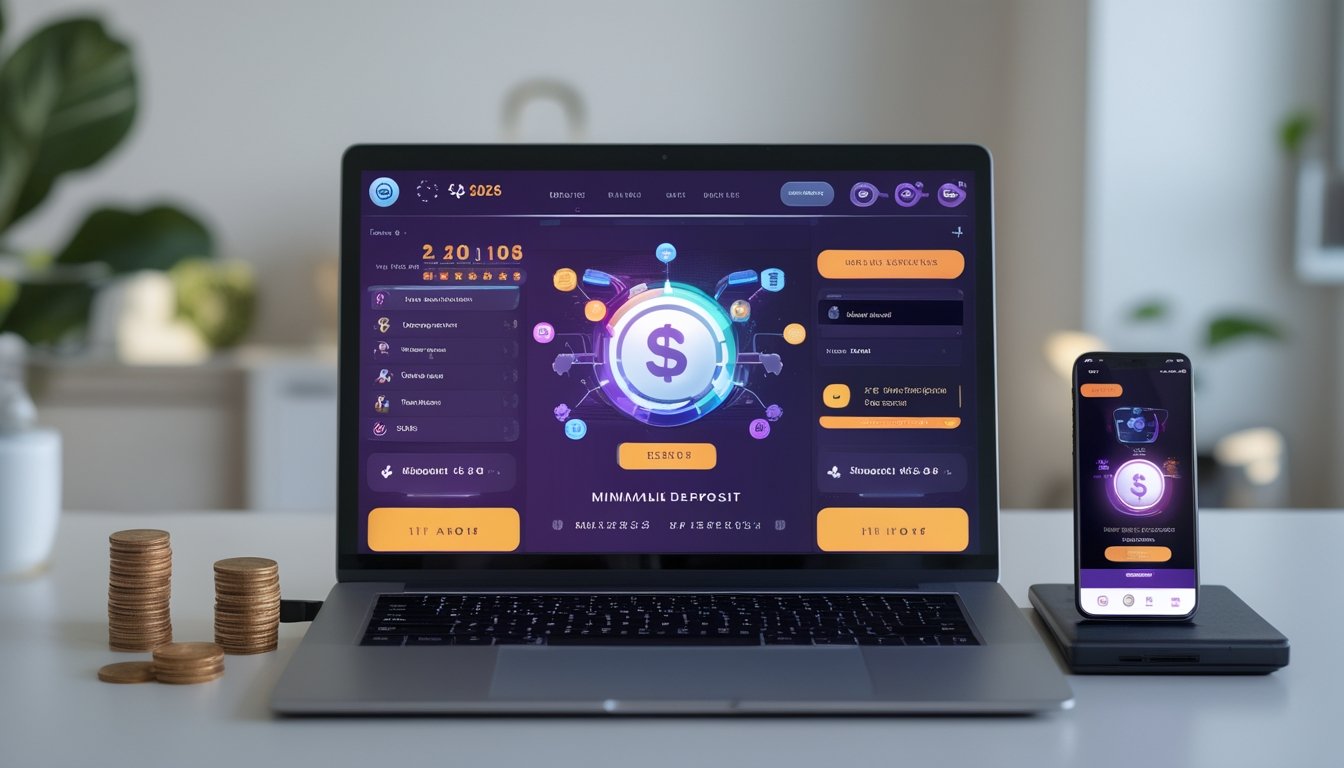 Sebuah laptop di meja dengan tampilan layar permainan online dan beberapa koin di sampingnya di ruangan yang terang dan rapi.