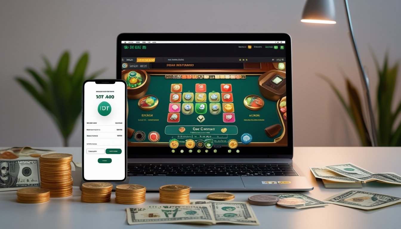 Seorang pengguna sedang bermain permainan Ceme online di laptop dengan ponsel dan uang di meja yang rapi.