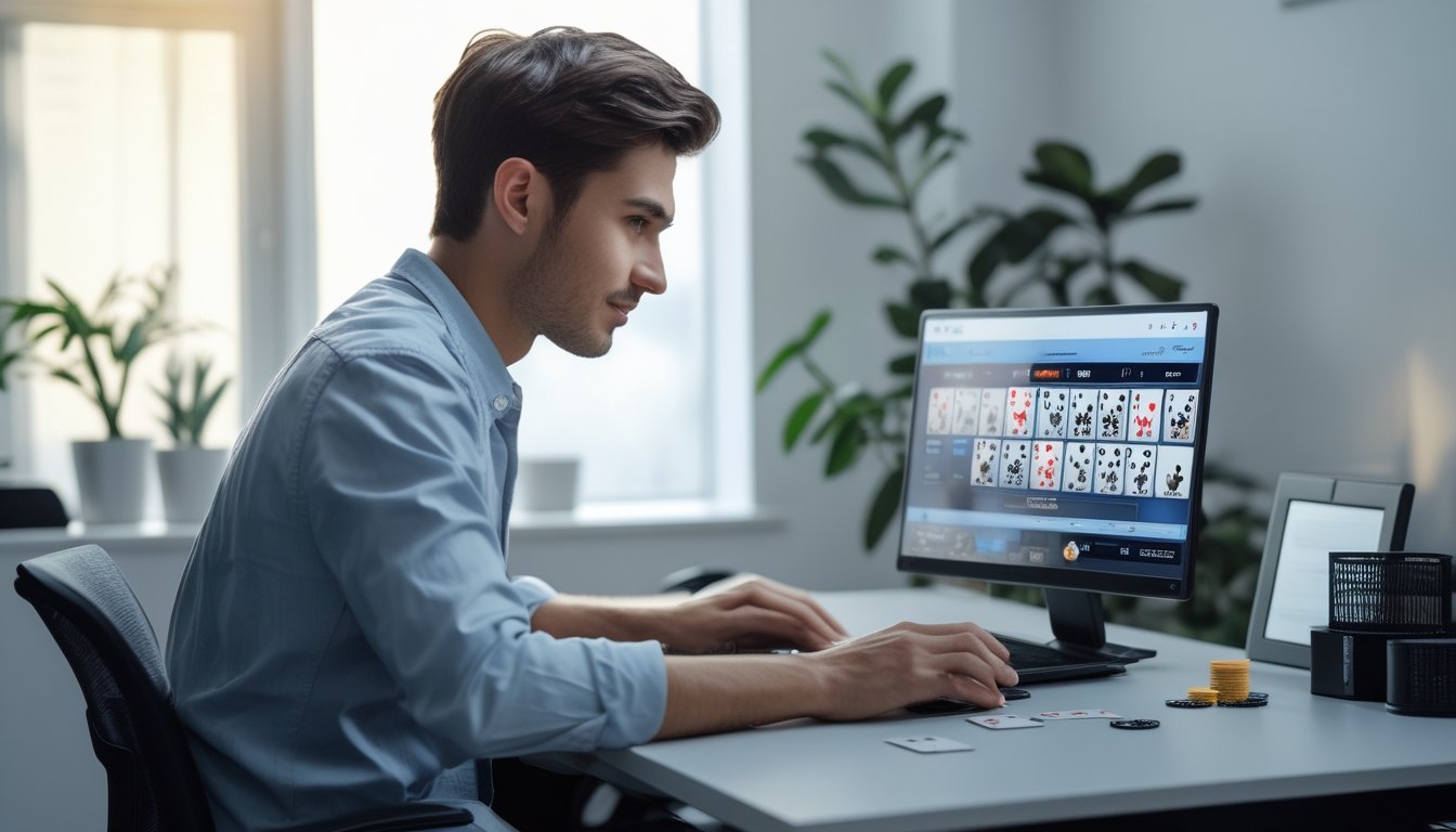 Seorang pria muda duduk di meja dengan laptop, fokus bermain permainan kartu online di ruangan yang terang dan rapi.