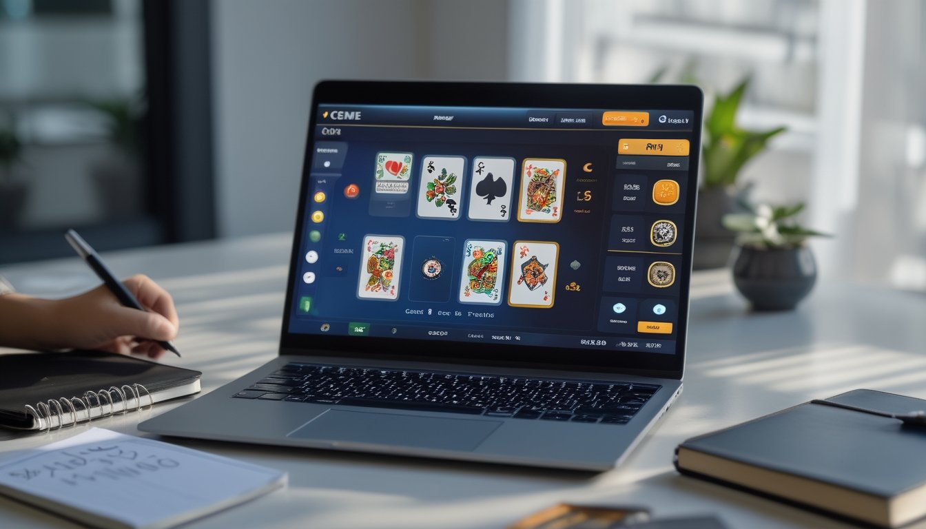Seorang pemain menggunakan laptop dengan tampilan permainan kartu Ceme online, dikelilingi oleh buku catatan dan ponsel di meja kerja.