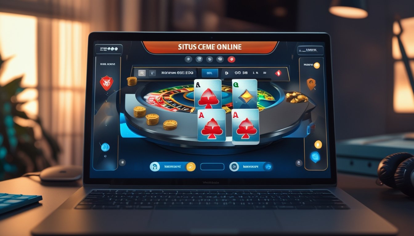 Seorang pemain menggunakan laptop dengan tampilan permainan kartu online dan suasana ruang kerja yang nyaman.