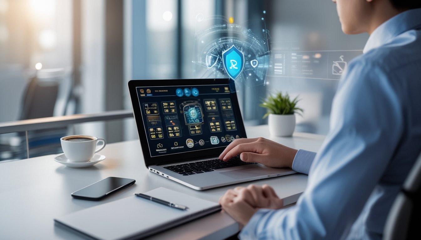 Seseorang menggunakan laptop di meja kerja modern dengan permainan kartu digital di layar, menunjukkan suasana permainan Ceme online yang aman dan menang tinggi.