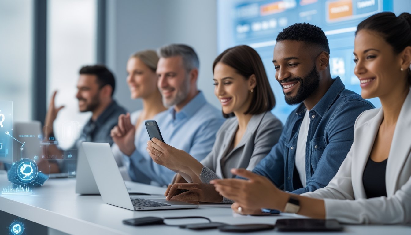 Beberapa orang menggunakan perangkat digital dengan ekspresi senang dalam suasana modern yang menunjukkan transaksi online cepat dan terpercaya.