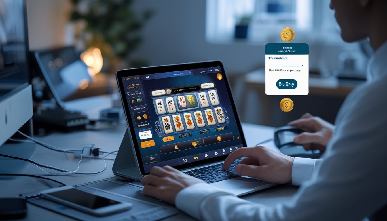 Seseorang menggunakan laptop untuk bermain permainan kartu online dengan tampilan transaksi keuangan di layar.