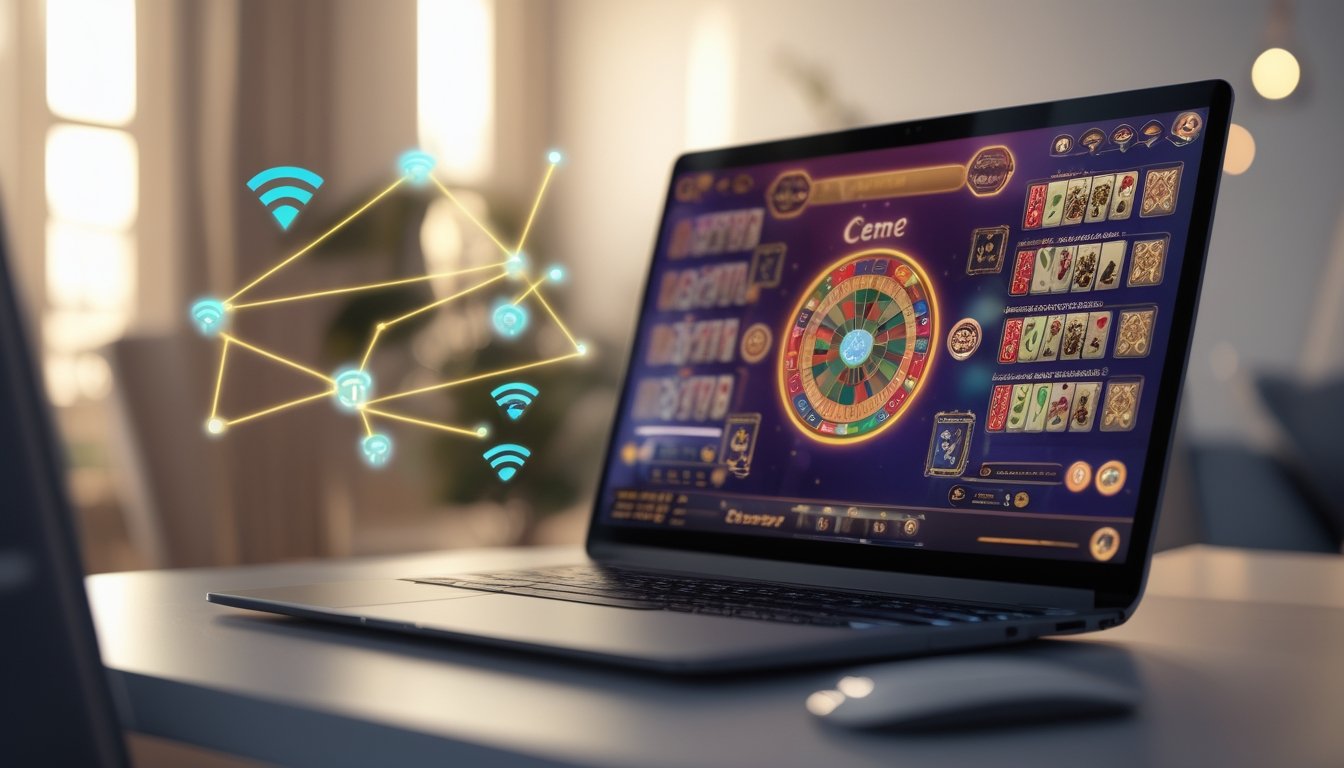 Seorang pemain menggunakan laptop untuk bermain permainan kartu Ceme secara online di meja yang rapi dengan latar belakang ruangan yang nyaman.