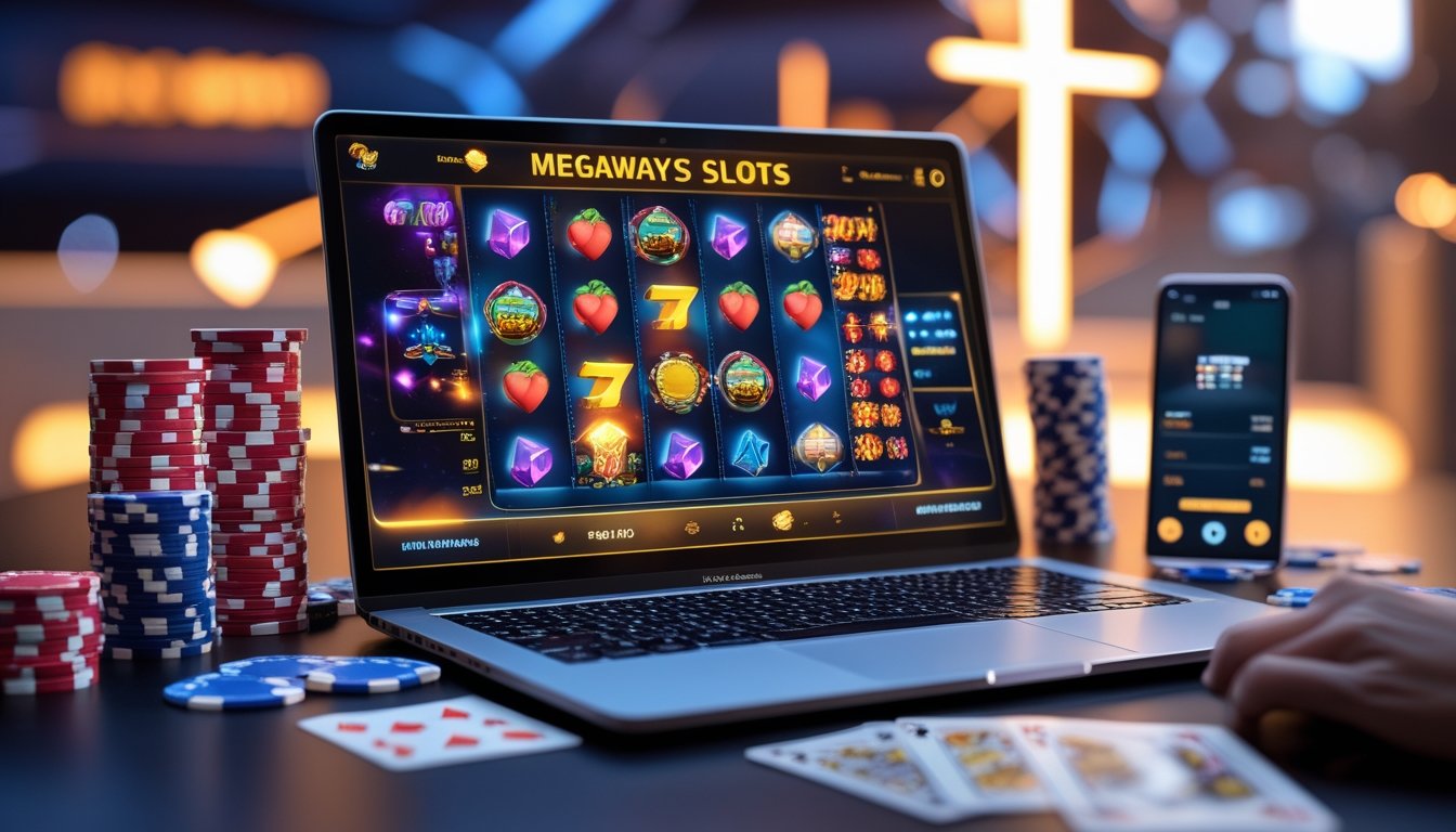 Sebuah laptop modern menampilkan permainan slot Megaways dengan chip poker dan kartu di sekitarnya dalam suasana kasino yang hangat.